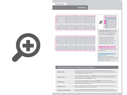 Product Bild faltblatt__gefalzt_auf_din_a6_quer__8-seiter_(wickelfalz)__beidseitig_bedruckt_(4_4_farbig_+_1_sonderfarbe_hks)