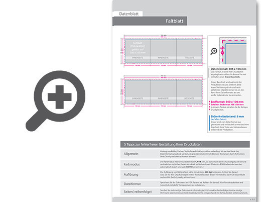 Product Bild faltblatt__gefalzt_auf_quadrat_10_0_cm_x_10_0_cm__6-seiter_(zickzackfalz)__beidseitig_bedruckt_(4_4_farbig_+_2_sonderfarben_hks)