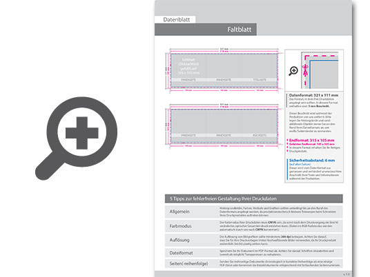 Product Bild faltblatt__gefalzt_auf_quadrat_10_5_cm_x_10_5_cm__6-seiter_(zickzackfalz)__beidseitig_bedruckt_(4_4_farbig_+_1_sonderfarbe_hks)