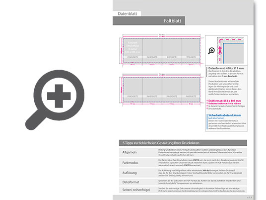 Product Bild faltblatt__gefalzt_auf_quadrat_10_5_cm_x_10_5_cm__8-seiter_(wickelfalz)__beidseitig_bedruckt_(4_4_farbig_+_2_sonderfarben_hks)